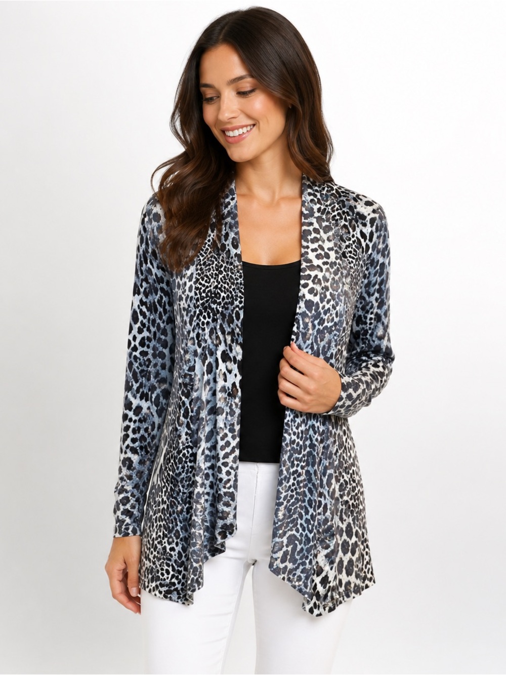 Bobeau Leopard Print Open Front Cardigan Gray Black Size Small Stretch